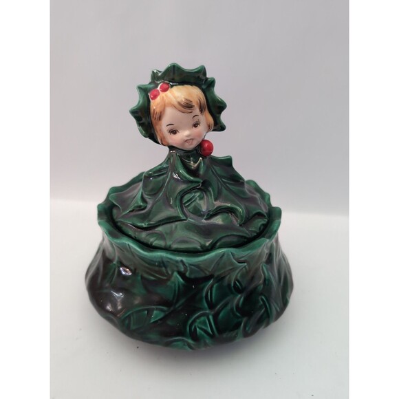 Vintage Japan Top Line Import Holly Girl Candy Dish Lidded Bowl - Picture 1 of 6